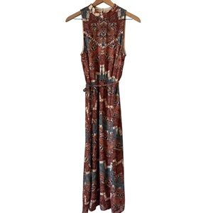 WAYF Medallion Print Maxi Dress Sz Md Red Blue Tie Waist Cut Outs Boho Hippie